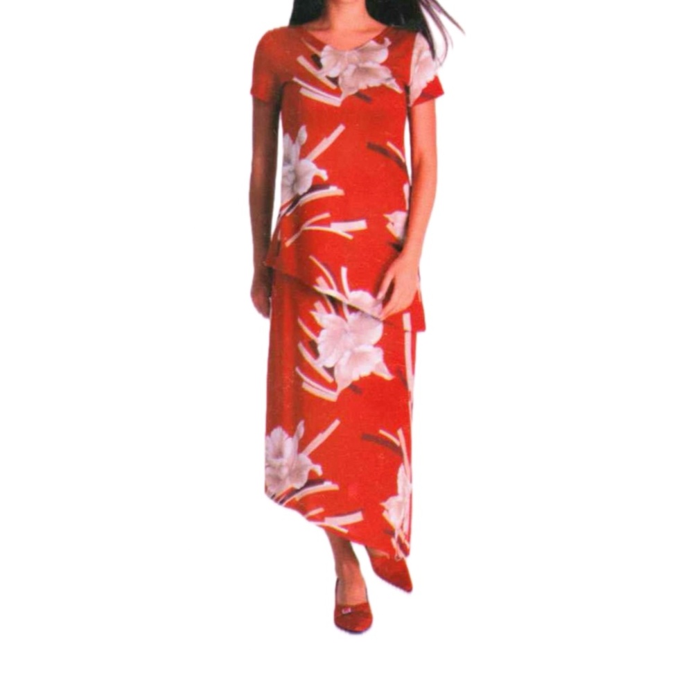 Women's red two-piece suit: short sleeve top and midi skirt Size 8